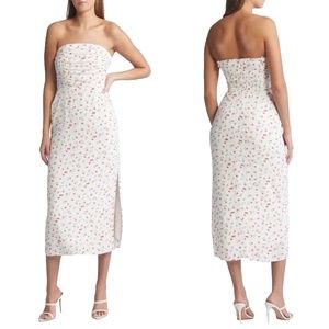 NEW WAYF Ivory Ditsy FLORAL Birdie RUCHED Strapless SIDE SLIT Midi DRESS M
